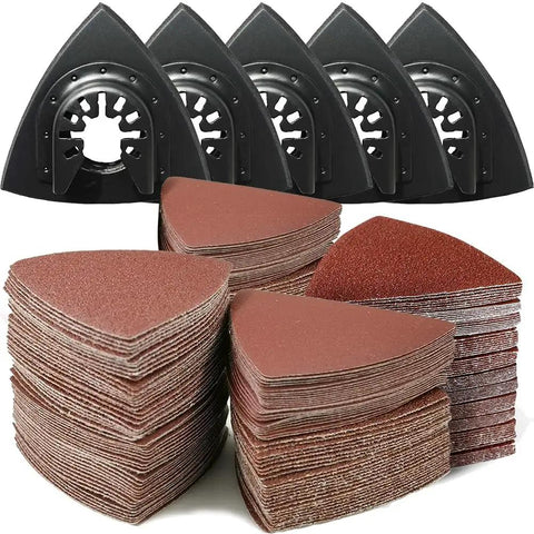 130 Pcs Pro Grade Oscillating Tool Sanding Pads Kit With 5 Pcs Triangle Pads And 125 Pcs Sandpaper In 60 80 120 180 240 Grits For Wood Plaster And Other Surfaces Hook And Loop Multitool Sandpaper Set displayed.