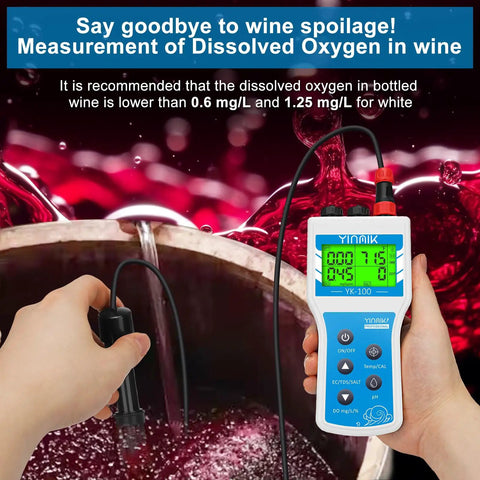 Hands holding Portable Dissolved Oxygen Meter 6 In 1 Tester with pH EC TDS Salt Salinity and altitude compensation over wine barrel