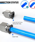 Push To Connect Pneumatic Fitting, Male Straight 4mm Tube OD To M5 Thread, showing connection status with blue tubing.