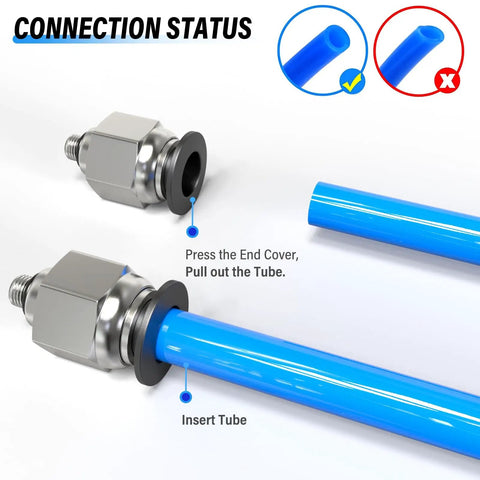 Push To Connect Pneumatic Fitting, Male Straight 4mm Tube OD To M5 Thread, showing connection status with blue tubing.
