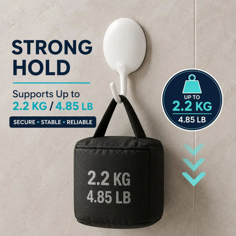 Heavy Duty Adhesive Wall Hooks For Bathroom And Kitchen No Drill Strong Sticky Hangers For Towels Coats Zero Hassle Residue Free 4 Pack displaying a hook supporting 2.2 KG