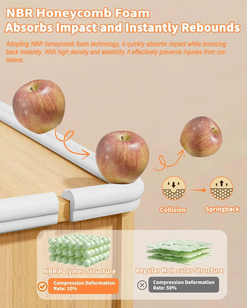 Heavy Duty Baby Corner Guards And Edge Protectors With No Fuss Peel And Stick Prep For Tot Approved Spaces Plus Extra Thick Rubber Foam Air Cushion Side Bumpers For Running Kids demonstrating impact absorption with apples on NBR foam.