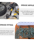 260 Piece Grease Fitting Kit With Storage Box Includes 90 Degree 45 Degree And Straight Hydraulic Fittings For Cars SAE And Metric Sizes Easy Organization And Sizing Chart Included displayed with tire and galvanized fittings