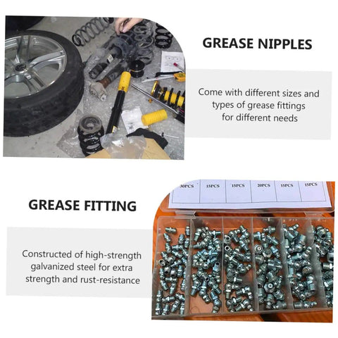 260 Piece Grease Fitting Kit With Storage Box Includes 90 Degree 45 Degree And Straight Hydraulic Fittings For Cars SAE And Metric Sizes Easy Organization And Sizing Chart Included displayed with tire and galvanized fittings