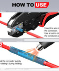 Airic red insulated heat-shrink butt connectors for 22-16 AWG; used with a crimping tool and heat gun.