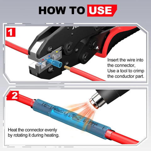 Instructional diagram for using Heat Shrink Butt Connector Kit 22-10 AWG, 100 Pcs Waterproof Crimp Splice Terminals For Auto And Marine Wiring