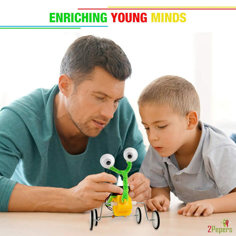 Father and son assembling Electric Motor Robotics Kit For Kids 4 In 1 DIY STEM Toys For Boys And Girls Build Dope Circuits And Learn Circuit Engineering With Fun Educational Robotics Projects.