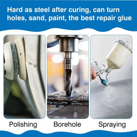 Beefed Up Heavy Duty Metal Repair Epoxy Glue 1.6 Oz for Metal Aluminum Steel Stone and Plastic; images of polishing, drilling, spraying.