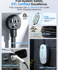Plug And Go Portable Level 1 And 2 EV Charger With 25 Foot Cord J1772 Connector for safe home charging with waterproof design.