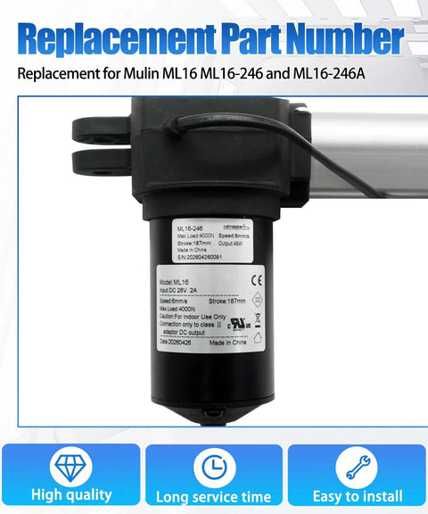 Power Recliner Motor Kit 187mm Stroke Linear Actuator Replacement for Mulin ML16 Series Lift Chairs