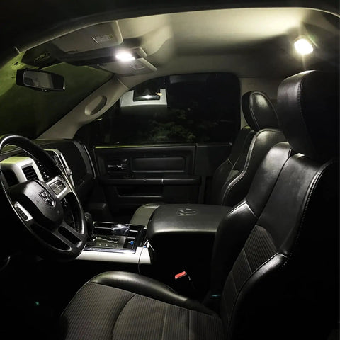 Lit White LED Interior Light Kit For Dodge Ram 2009 to 2018 Pickup Trucks 1500 2500 3500 With 13 Piece Package installed in cabin