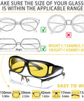 Diagram showing sizing guide for Night Driving Glasses For Men And Women Anti Glare Polarized Yellow Lenses With HD Night Vision.