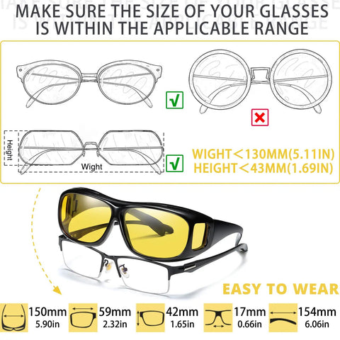Diagram showing sizing guide for Night Driving Glasses For Men And Women Anti Glare Polarized Yellow Lenses With HD Night Vision.