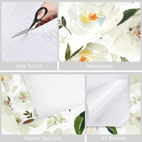 Swoon Worthy Green Floral Peel And Stick Wallpaper For Epic Boho Wall Upgrades With Chill Self Adhesive Botanics Serving Major Room Vibes And Super Easy Removable DIY Decor Rolls, showing easy cut and waterproof features.