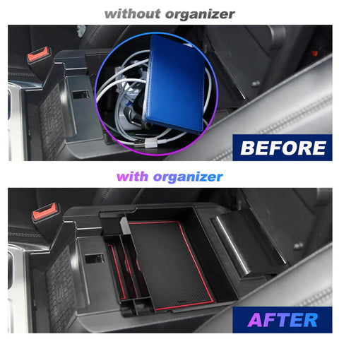 Before and after of Ford Explorer Center Console Organizer Tray Custom Fit For 2020 2021 2022 2023 2024 2025 2026 installation