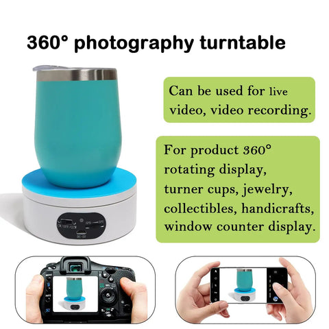 360 Degree Motorized Rotating Display Stand White Electric Spinner Turntable For Tumblers Jewelry Photography Products Adjustable Speed Turner Base Showpiece Prop with blue cup on top