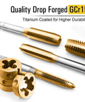 Close-up of titanium-coated taps and die set included in 40 Piece Metric Tap And Die Set With Titanium Coated GCr15 Bearing Steel.