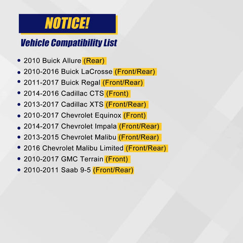 Vehicle compatibility list for Front Or Rear Wheel Hub Bearing Assembly For Chevy Malibu Impala Equinox GMC Terrain Buick LaCrosse Regal Cadillac CTS XTS 5 Lug With ABS Compatible Durable Replacement Kit For A Smooth Ride.