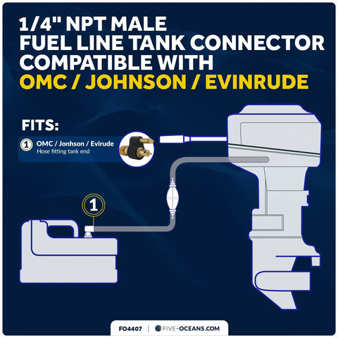 Diagram showing Brass 1/4 Inch NPT Male Fuel Tank Connector for OMC Johnson Evinrude engines, 2 Prong Tank End Connector.