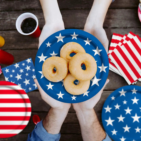 Patriotic Party Tableware Kit Disposable Dinner Plates 9in And Dessert Plates 7in Napkins And Cocktail Napkins Stars And Stripes Designs Serves 50 Lit For 4th Of July Veterans Day Election Day Independence Day showing donuts on star-patterned plate