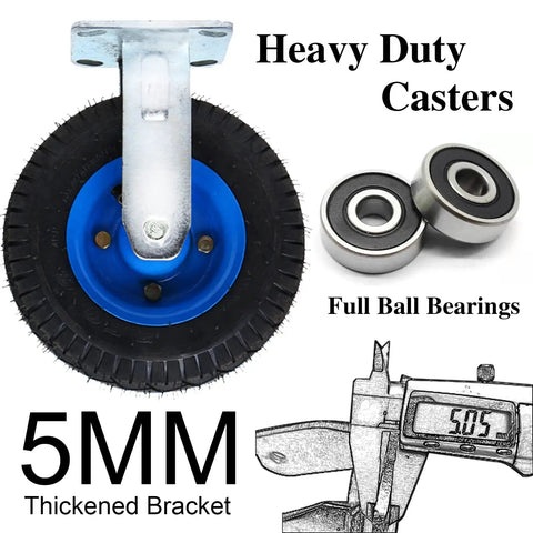 Heavy Duty Pneumatic Rubber Swivel Caster Wheels 8 Inch 4 Pack with thickened bracket and full ball bearings visible.
