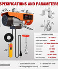 Specifications of Beefy 1320 Lb Electric Hoist Winch 110V with remote control, cable length 11.5 ft