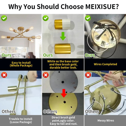 Comparison of Gold Modern Sputnik Chandelier With Six Lights installation process showing complete wiring and durable components.