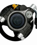 Top view of Power Steering Pump With Pulley Reservoir Replacement For Ford Expedition 2003 2006 F150 2004 2008 And Lincoln Mark LT 2006 2008 Durable High Quality Part For Smooth Steering And Easy Install, showing metal and plastic components.