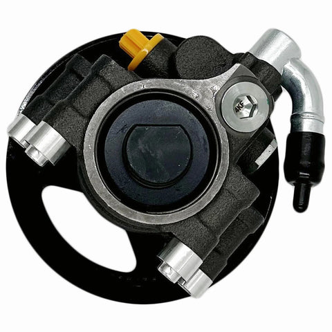 Top view of Power Steering Pump With Pulley Reservoir Replacement For Ford Expedition 2003 2006 F150 2004 2008 And Lincoln Mark LT 2006 2008 Durable High Quality Part For Smooth Steering And Easy Install, showing metal and plastic components.