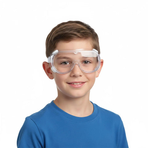 Child wearing Kids Safety Goggles 3 Pack with Lightweight Polycarbonate Lenses and PVC Frame unisex kid friendly eye protection