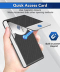 Slim Metal Business Card Holder with RFID Blocking PU Leather Case for Women or Men, magnetic closure, Black Carbon