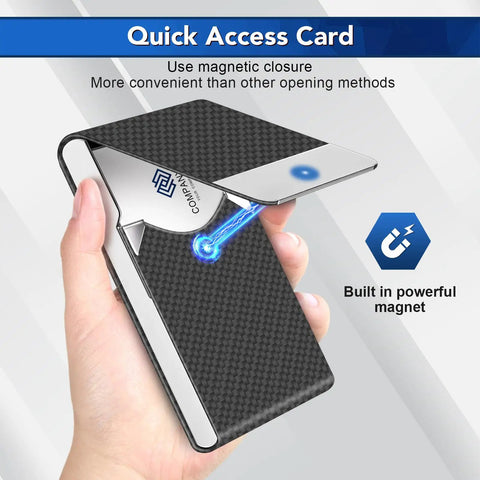 Slim Metal Business Card Holder with RFID Blocking PU Leather Case for Women or Men, magnetic closure, Black Carbon