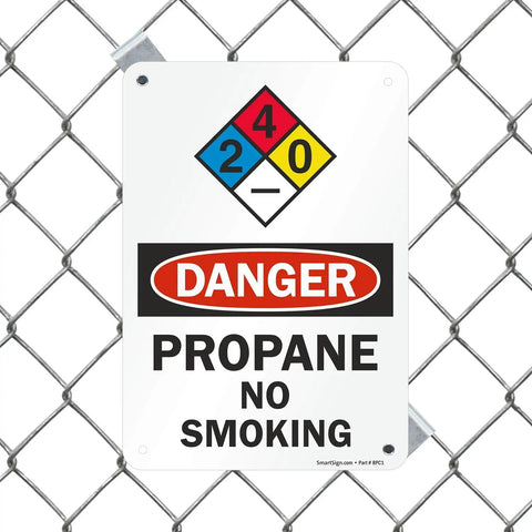 Heavy Duty Aluminum Danger Propane No Smoking Warning Sign NFPA 7 X 10 Inch Plate mounted on chain link fence.