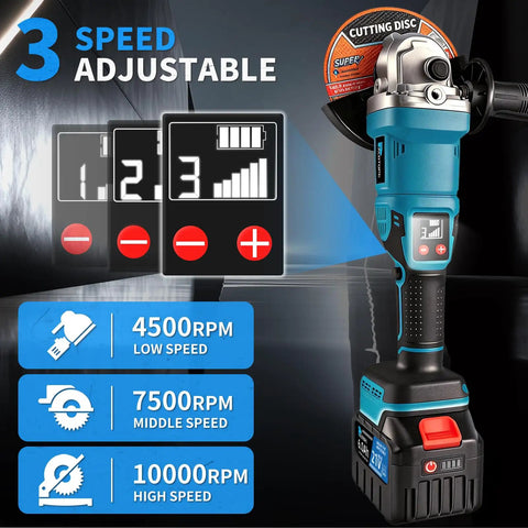 Cordless 5 Inch Angle Grinder Kit With 2x6.0Ah Batteries 125mm 10000 RPM Brushless Motor Portable Electric Grinder with 3 speeds