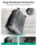 Side view of gray polycarbonate hard-shell carry-on luggage with spinner wheels