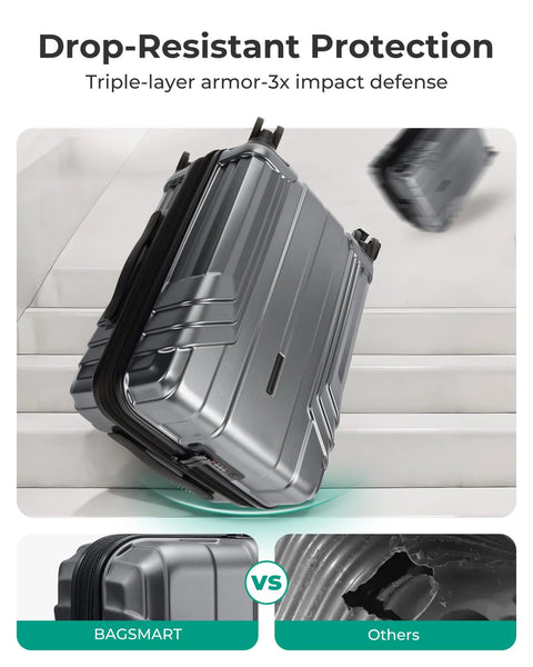 Side view of gray polycarbonate hard-shell carry-on luggage with spinner wheels
