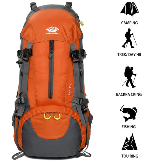 Orange 50L Hiking Backpack For Men With Rain Cover Expandable 45L Plus 5L, front view showing zipper and buckle details.