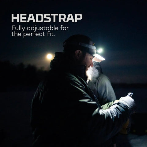 Person using Mycro 500 Plus Rechargeable Headlamp With 500 Lumens, Seven Light Modes, outdoors at night, adjustable headstrap visible.