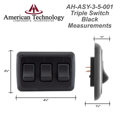Triple SPST On Off Switch With Bezel For RVs Trailers Campers And Boats 12 Volt 16 Amp 125 250 VAC Black UL CSA VDE Listed measurements