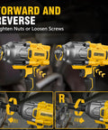 Cordless Brushless Impact Wrench With 1500 Ft Lbs Breakaway Torque Half Inch Drive showing forward and reverse function
