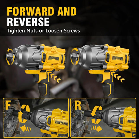 Cordless Brushless Impact Wrench With 1500 Ft Lbs Breakaway Torque Half Inch Drive showing forward and reverse function