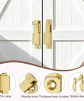 Image of Two Pack 90 To 180 Degree Barn Door Lock Latches With Screws And Glue For Easy Install In Gold Tone on white wooden doors