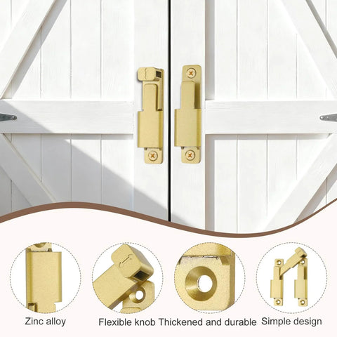 Image of Two Pack 90 To 180 Degree Barn Door Lock Latches With Screws And Glue For Easy Install In Gold Tone on white wooden doors