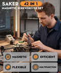 Man using 42 In 1 Magnetic Screwdriver Kit With Ratchet T Handle And Full Multi Bit Set for computer repair in workshop.