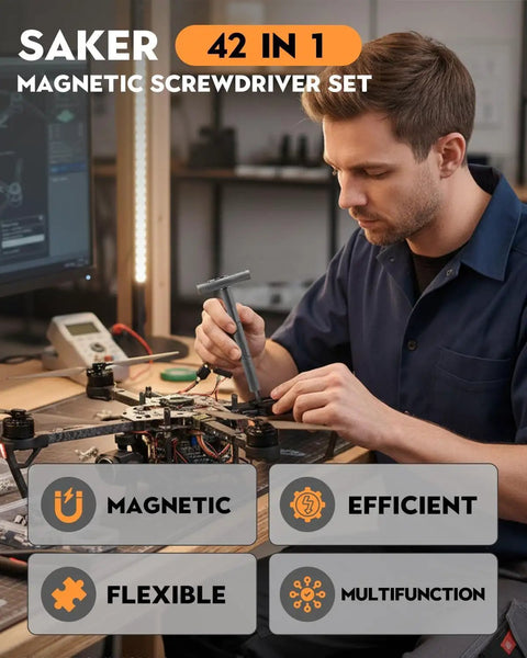 Man using 42 In 1 Magnetic Screwdriver Kit With Ratchet T Handle And Full Multi Bit Set for computer repair in workshop.