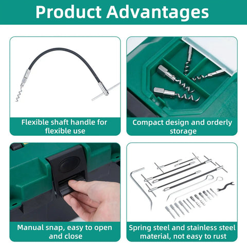 Pro Grade 23 Piece Packing Extractor Kit with stainless steel removable tips, flexible hooks, and toolbox storage.