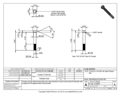 Beast Mode Pack of 2 Grade 5 Ti 6 Al 4V Titanium Hex Head Bolts 7 16 20 X 3 1 4 Unf Polished Finish dimensions diagram