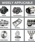 Grid of automotive and machinery parts including engines, transmissions, compressors, water pumps, and more for repair applications.