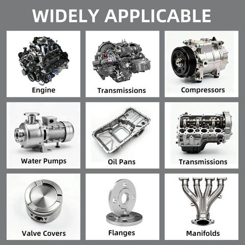 Grid of automotive and machinery parts including engines, transmissions, compressors, water pumps, and more for repair applications.