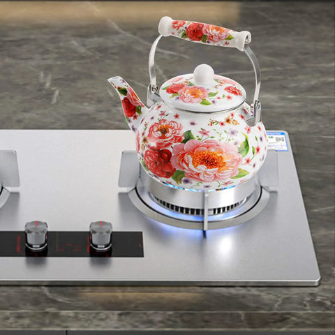 Enamel Steel Tea Kettle Stovetop 2.6 Quart Large Porcelain Enameled Teakettle 2.5L Colorful Floral Design With Ceramic Cool Handle
